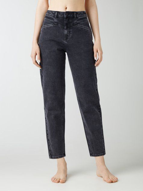 Джинси Mom Fit з високою посадкою та кокеткою Conte Elegant CON-381, washed grey, XL, 48/164, Светло-серый