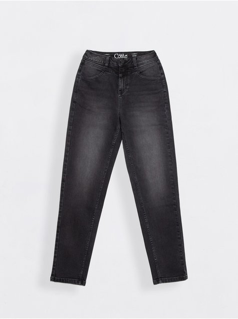 Eco-friendly джинсы Mom Fit с высокой посадкой и кокеткой Conte Elegant CON-314, washed black, XXS, 38/164, Черный