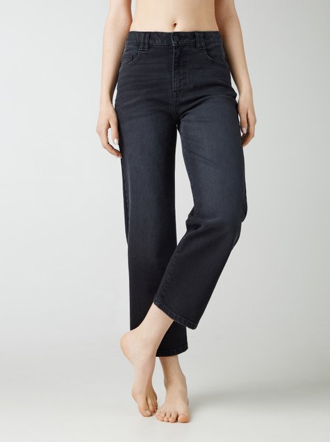 Широкие джинсы wide leg с высокой посадкой Conte Elegant CON-367, washed black, L, 46/164, Черный