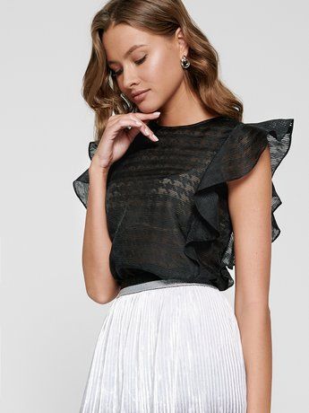 Блузка з воланами з напівпрозорого полотна з малюнком Conte Elegant LBL 1099, black, M, 44/170, Черный