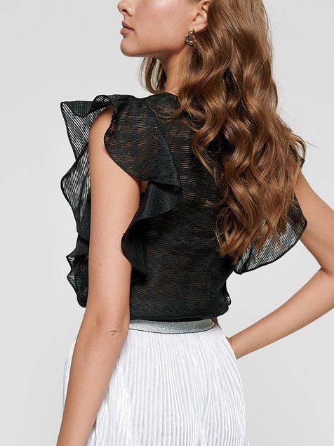 Блузка з воланами з напівпрозорого полотна з малюнком Conte Elegant LBL 1099, black, M, 44/170, Черный