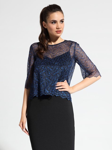Кружевная вечерняя блузка Conte Elegant LBL 1061, black-royal blue, S, 42/170, Комбинированный
