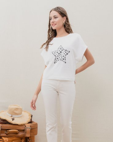 Бавовняна футболка з розсипом зі стразів Conte Elegant LD 923, white, XS, 40/170, Белый