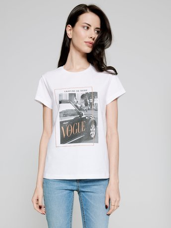 Белая хлопковая футболка с принтом "Vogue" Conte Elegant LD 1113, white, L, 46/170, Белый