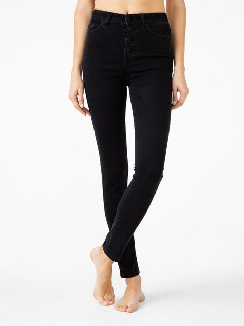 Моделюючі джинси на ґудзиках з високою посадкою Conte Elegant CON-352, washed black, XS, 40/164, Черный